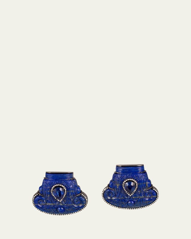 18K White Gold Lapis Lazuli Egyptian Column Earrings with Light Brown Diamonds and Kyanite